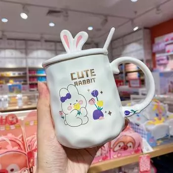Cute and Cute Mug with Lid Spoon Household Water Cup Ceramic Tulip Coffee Cup Female Male Student Breakfast Cup 420ml