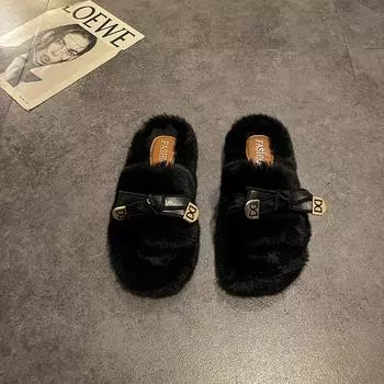 Cute and fashionable versatile bow fluffy shoes women s autumn and winter new outer wear high-end thick-soled one-word cotton mop 35