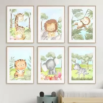 Cute Animal Giraffe Tiger Lion Monkey Zebra Wall Art Mural Canvas Painting Poster Print Wall Pictures Kids Baby Room Home Decor 21cm30cm NoFrame