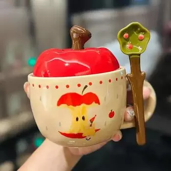 Cute Apple Ceramic Water Cup with Lid Spoon Home Girls Super Cute Coffee Cup High Beauty Creative Makeup Christmas Eve Gift 420ml