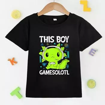 Cute Axolotl Print T Shirt, Tees For Kids Boys, Casual Short Sleeve T-shirtFor Summer Spring Fall, Tops As Gifts 100cm