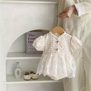 Милый детский боди принцессы с цветочной вышивкой, клетчатый комбинезон для маленьких девочек, цельная одежда 66