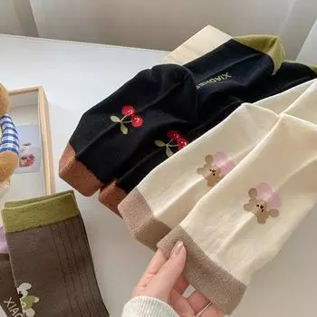 Cute Back Heel Bear Animal Print Cotton Socks Fashion Autumn Winter Warm Breathable Sweat-Wicking Middle Tube Socks Girls Gifts чёрный