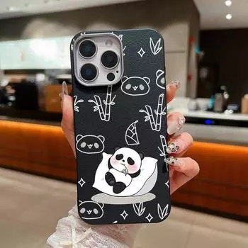 Cute Bamboo Panda Pattern Leather Texture Case For iPhone 16 Pro 15 Pro Max 14 Plus 13 12 11 XS XR 8 7 Slim Shockproof Matte Soft TPU Phone Cover iPhone 16 чёрный