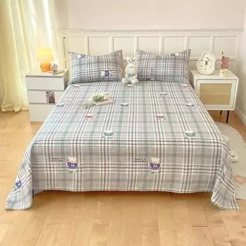 Cute Bear 100% Cotton Bed Sheet Set Plaid Pattern Cartoon Theme Flat Sheets with 2 Pillowcases Breathable Soft Bedding Set 120x230cm 3Pcs