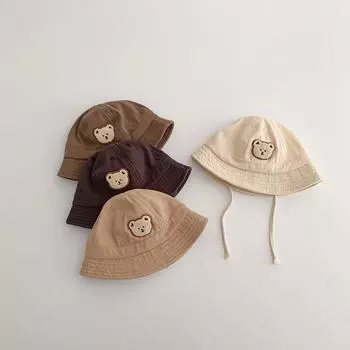 Cute Bear Baby Bucket Hat Solid Color Infant Boy Girl Cotton Fisherman Cap Summer Outdoor Toddler Lace-up Sun Hat бежевый