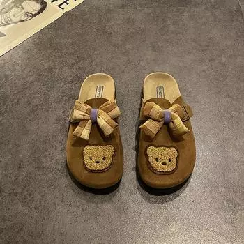 Cute bear bow slippers summer new retro niche design flat plaid college style shoes 35