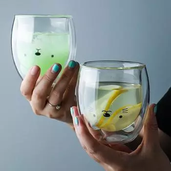 Милая двухслойная стеклянная кружка с изображением медведя, мультяшного кота, собаки, термостойкая прозрачная стеклянная кружка для молока, кофе, сока, пива, напитков 201-300ml