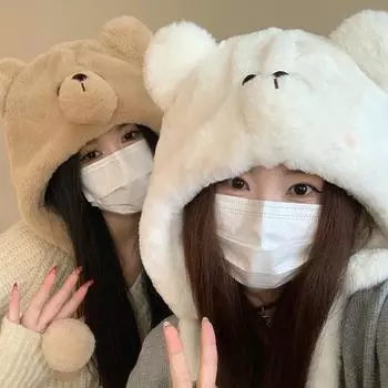 Cute bear ears warm pullover hat autumn and winter women s thickened ear protectors plush hat cycling cold-proof Lei Feng hat M56-58cm белый