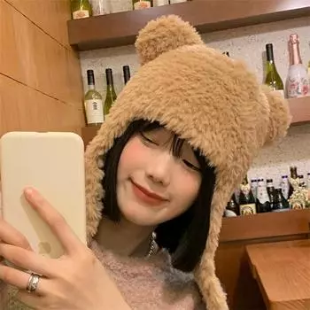 Cute bear hat women s autumn and winter versatile warm fur plush ear protection hat cold fluffy hat M56-58cm чёрный