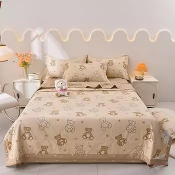 Cute Bear Pattern Summer Quilt Cartoon Style Natural Cotton Soft Thin Quilt Air Conditioning Quilted Quilt for Kids Boys Girls 150x200cm Single 1Pc