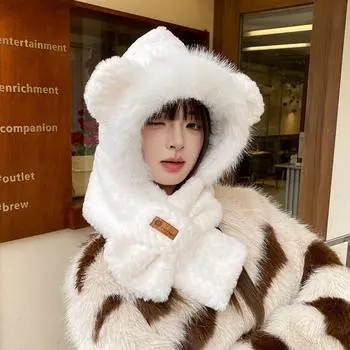 Милая плюшевая шапка-медведь, шарф, комплект из трех предметов, утепленный женский велосипедный чехол, защита ушей, зимняя шапка average size (thickened)