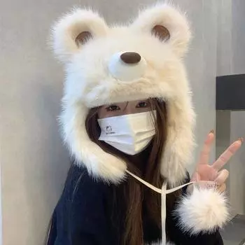 Cute bear plush hat women s winter plush thickened thermal ear hat cycling cold ski hat tide one size fits all белый
