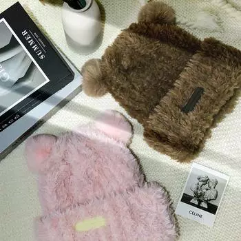 Cute bear plush knitted wool hat children s 2024 new autumn and winter warm furry pullover ear hat L56-62cm чёрный