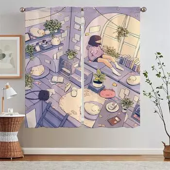 CUTE Bedroom Curtains 2 Pieces Blackout Curtains for Window Beaded Curtain Tiebacks Partition Tulle in Kitchen Blind Blinds Room W50xH70cmx2pcs-CL