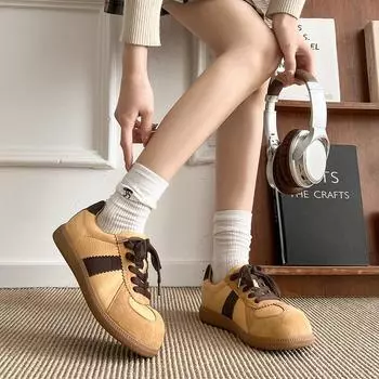 Cute big head German training shoes women s spring and summer new cute retro round head little white shoes flat leather casual board shoes 35 розовый