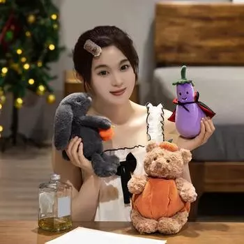 Cute Black Bear Doll with Pumpkin Clothes Earphone & Cloak Eggplant Stuffed Doll Huggable Plush Toy Festival Trick or Treat Bag Gift C