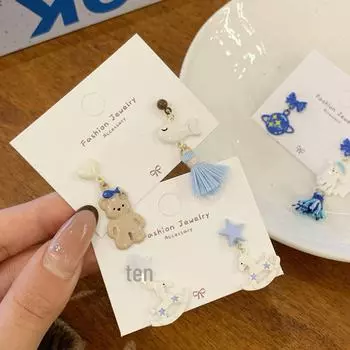 Cute Blue Bear Earrings for Women - Silver Needle Niche Carousel Design