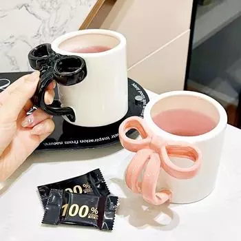 Cute Bow Ceramic Water Cup,High-value Coffee Cups,Aesthetic Mug Office Home Couple Drinkware Personalized Gifts Unusual Mugs 301-400ml чёрный