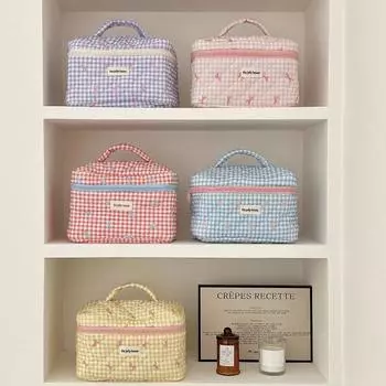 Cute Bow Cotton Makeup Bag Women Zipper Cosmetic Organizer Female Cloth Handbag Box Shape Portable Toiletry Case for Girls as picture