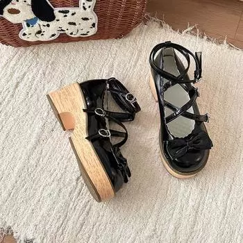 Cute bow cross strap Mary Jane shoes women s autumn thick heel with skirt high heel design single shoe trend 35