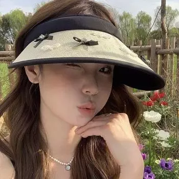 Cute bow empty top hat women s summer UV protection vinyl large brim sun hat straw sun hat