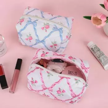 Cute Bow Floral Makeup Bag with Zipper Travel Makeup Pouch Makeup Organizer Storage Bag for Women and Girls синий