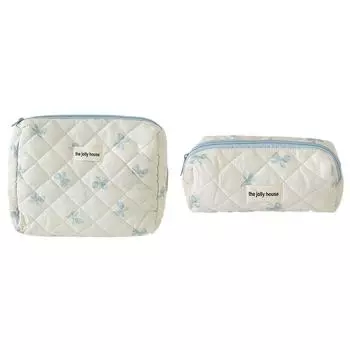 - Cute Bow Makeup Bag Cotton Quilted Cosmetic Bag Toiletry Bag for Women (Blue M