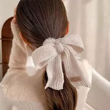Cute Bow Rubber Band Lamb Wool Bowel Hair Rings Knitted Wool Plush Ponytail Hair Tie Headwear Scrunchies Girls Hair Accessories синий