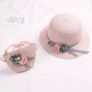 Cute Bowknot Flower Kids Straw Hat + Straw Crossbody Bag Set Baby Outdoor Sun Hat Summer Beach Straw Cap Straw Rattan Bag Blue