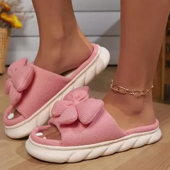 Cute Bowknot Platform House Slippers for Women Open Toe Linen Home Cotton Shoes Woman Winter Thick Sole Non Slip Indoor Slippers 36-37 чёрный