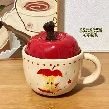 Cute Breakfast Cup with Lid Spoon In Office Drinking Water Couple Water Cup Birthday Gift Women Apple Ceramic Cup Mug 420ml