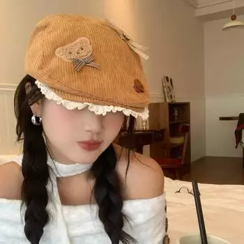 Cute Button Bow Bear Bow Forward Hat Female Sweet Spice Girl Spring and Autumn Painter Beret Hat Han M56-58cm хаки