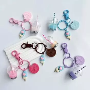 Cute Car KeyChain Ice-cream Bubble Tea Biscuit Pink Key Rings for Best Friend Women Girl Bag Gift Jewelry Accessories Initial
