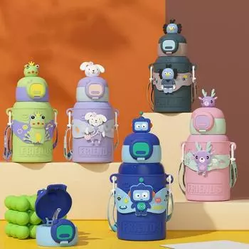 Милые мультяшные животные термос бутылка с мягкой силиконовой трубочкой 316 нержавеющая сталь портативный герметичный термос для маленьких детей 450ml синий