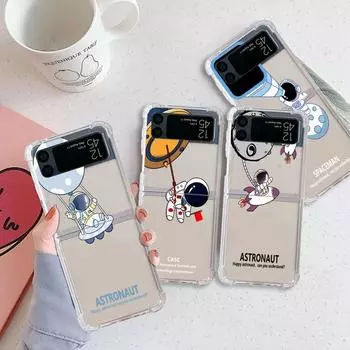 Cute Cartoon Astronaut Planet Luxury Case For Samsung Galaxy Z Flip 3 4 5G Funda Z Flip3 Clear PC Hard Back Phone Coque Samsung Z Flip4 5G