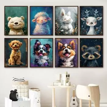 Cute Cartoon Baby Animal Poster Dog Owl Monkey Canvas Painting Nursery Wall Art for Kids Bedroom Home Decor Mural 21cm30cm NoFrame