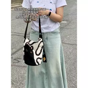 Cute Cartoon Black Cat Underarm Bag Women s Korean-Style Casual Canvas Bag Loose Shoulder Messenger Bag Handbag Picture Color