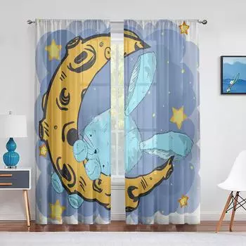 Cute Cartoon Bunny on The Moon Stars Rabbit Tulle Curtains for Living Room Kitchen Kids Bedroom Sheer Voile Curtain Decoration 1 PCS W100XH250cm&Rod Pocket