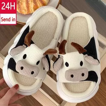 Милые тапочки из льна с рисунком теленка, новые женские домашние тапочки, хлопковые нескользящие толстые бесшумные туфли, домашние тапочки для пары 36-37