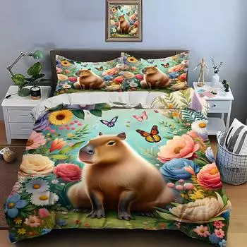 Cute Cartoon Capybara Print Bedding Set Duvet Cover 1 Duvet Cover 2 Pillowcases Adult And Children Bedding Set Luxury Gifts EU single(135x200cm)