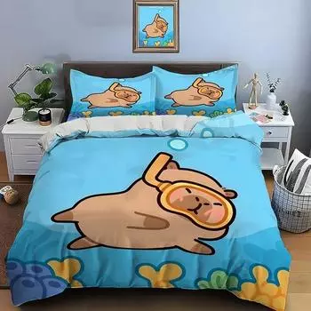 Cute Cartoon Capybara Print Bedding Set Duvet Cover 1 Duvet Cover 2 Pillowcases Adult and Children Bedding Set Christmas Gifts AU Double(180x210cm)