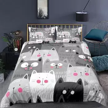 Cute Cartoon Cat Digital Print Bedding Set For Girls And Boys Bedroom Decoration Home Textile 2/3 Down Quilt Cover Pillowcase EU single(135x200cm)