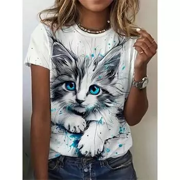 Cute Cartoon Cat Pattern T Shirt For Women Funny Animal 3D Printed Short Sleeves Tees Summer Oversized T-Shirts O-Neck Kids Tops S