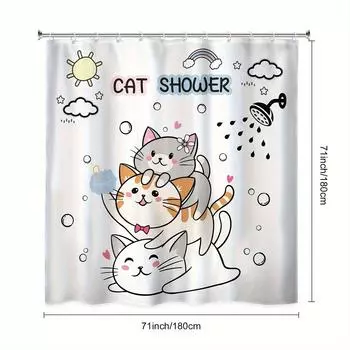 Cute Cartoon Cat Shower Curtain - Funny Kitten Design with Sun, Cloud & Rainbow, Waterproof Polyester, 12 Plastic Hooks W90xH180cm