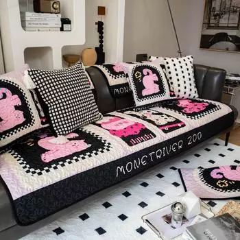 Cute Cartoon Cat Sofa Cushion Anti-Scratching Breathable Four Seasons Quilted Cushion Non-Slip Fabric Sofa Towel Slipcover Happy Together 70*70cm