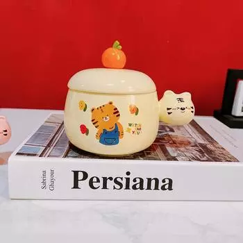 Cute Cartoon Ceramic Cup Mug Small Tiger with Lid with Spoon Water Cup Student Gift Holiday Commemoration 350ml
