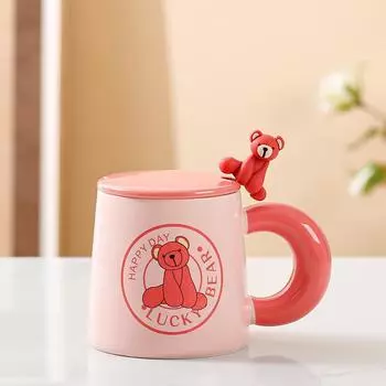 Cute Cartoon Ceramic Cup Pink Bear Mug with Lid Spoon High Looking Girl Drinking Water Cup Office Coffee Cup about 400ml