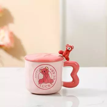 Cute Cartoon Ceramic Cup Powder Bear Mug with Lid Spoon High Looking Girl Drinking Water Cup for Home Use 380ml