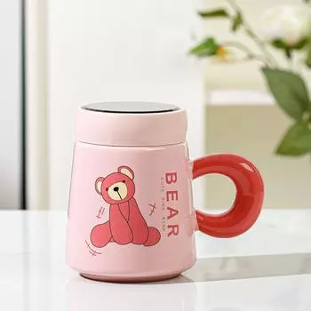 Cute Cartoon Ceramic Cup Water Cup Pink Bear High looking Couple Mug Home Home with Cover Gift About 440ml